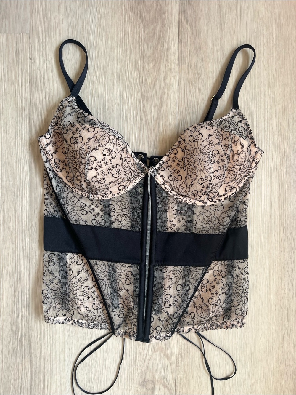 Victoria’s Secret Black&Beige Embroidered Lace-up Corset Bustier Whimsigoth 36C
